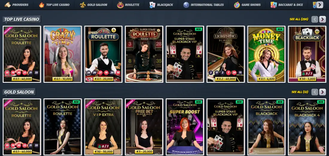 AllySpin live dealer casino games and table game lobby.